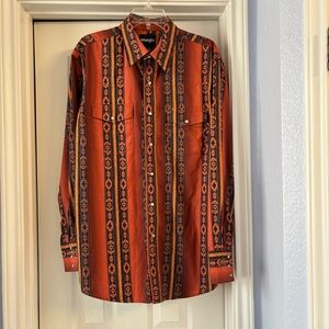 Wrangler Men's Rusty Orange Aztec Print Long Sleeve Western Snap Shirt Sz Large